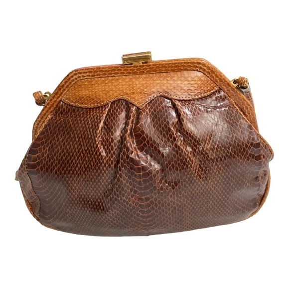 Brown Leather Clutch Snakeskin Shoulder Crossbody Strap Convertible Clutch 1980s - Picture 3 of 15